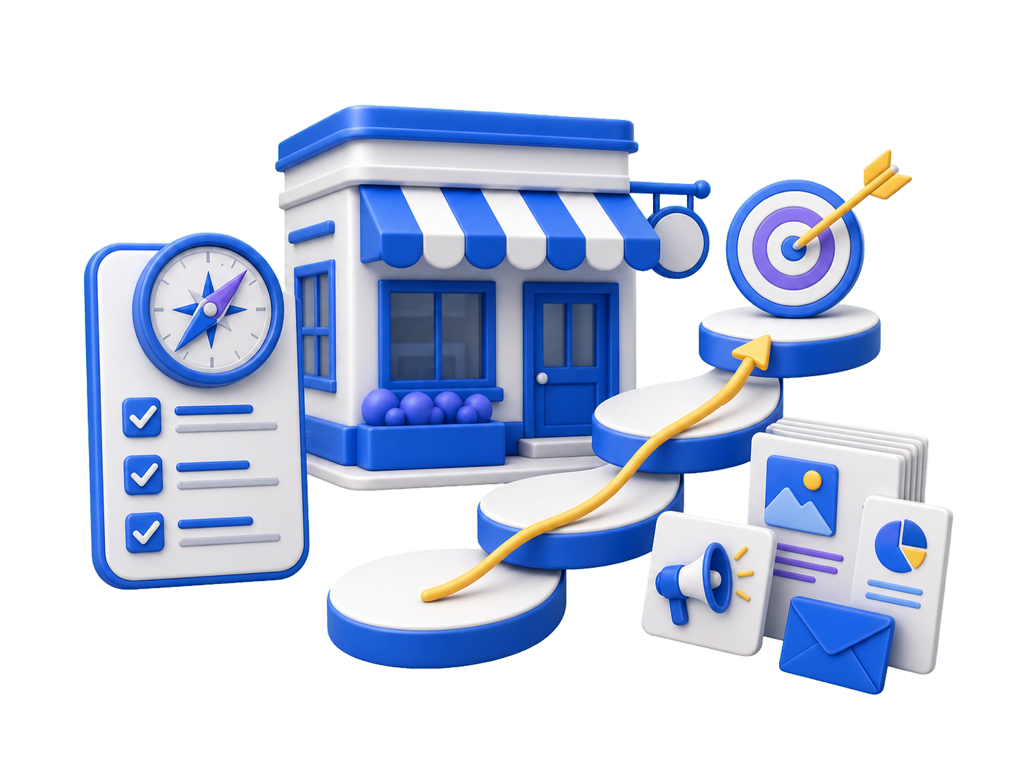 Local storefront with a compass, checklist, target, and practical marketing materials