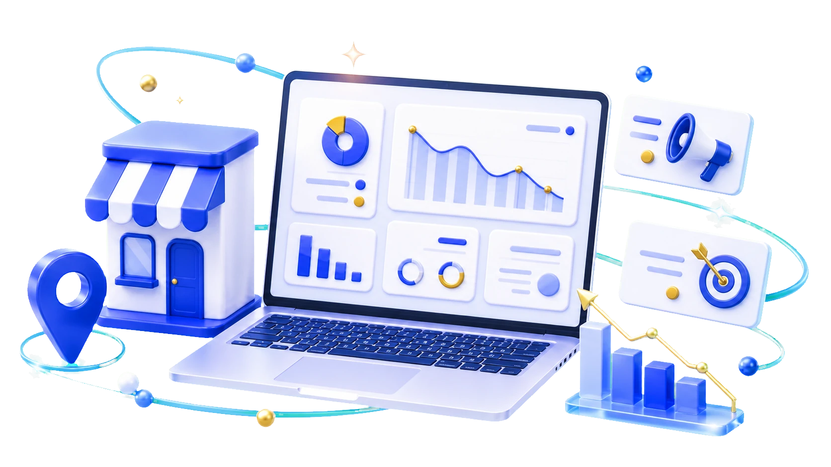 Local business marketing workflow with a storefront, dashboard, map pin, and campaign cards